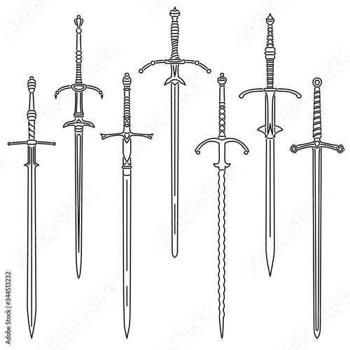 Set of simple vector images of medieval two-handed swords drawn in art line style.