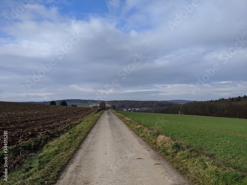 Dirt farm road leading straight forward between plowed field and grass under a mixed cloudy and blue sky in rural Germany  with trees and a small village in the distance.