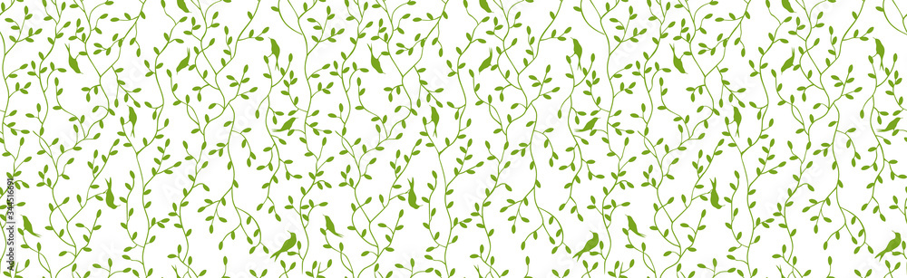 Seamless pattern with birches and birds