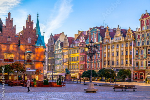 Wroclaw, Poland, market square early in the morning. Colorful cities concept. Travel Europe.