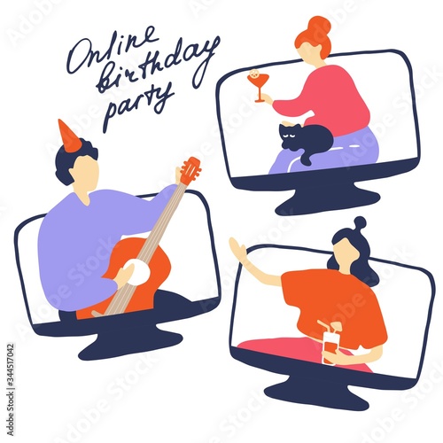 Online quarantine party. Colored characters in different monitors celebrate birthday in period of self-isolation. Man play the guitar, girls drink cocktails in video conference. Vector hand drawn