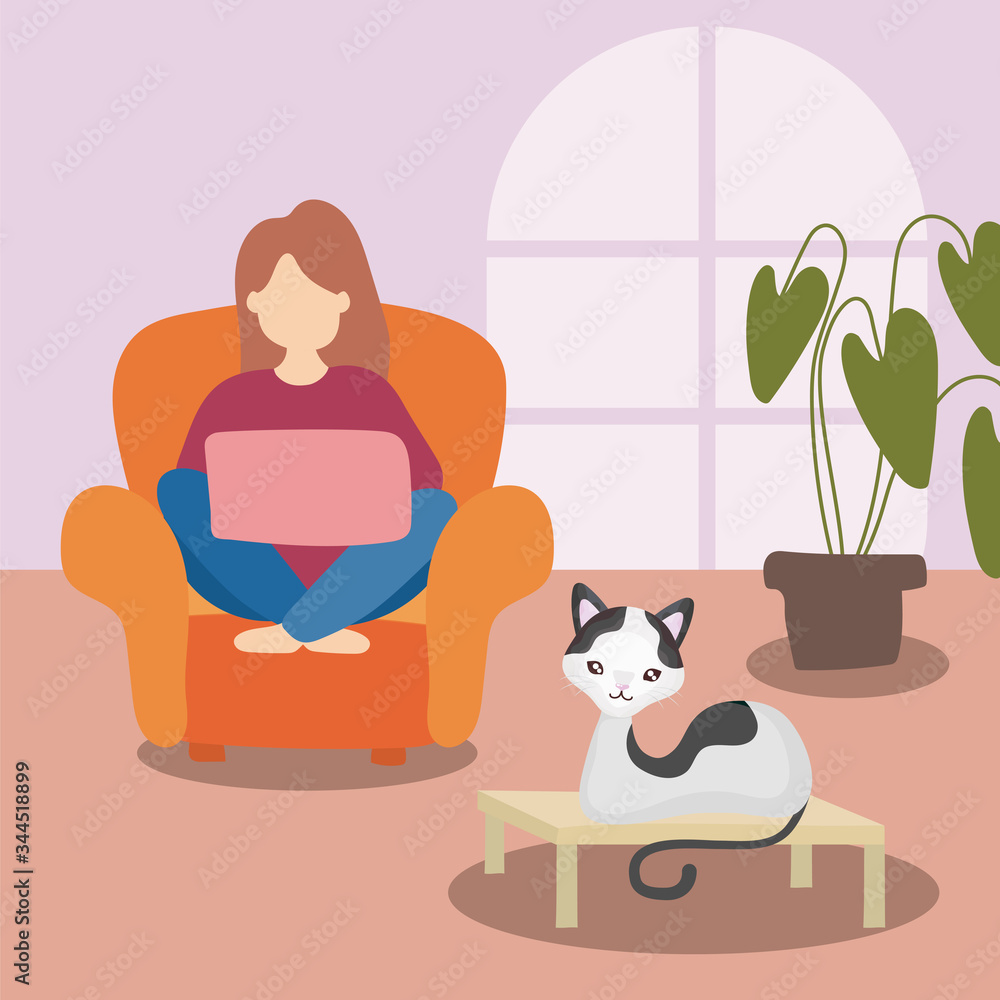 woman in the living room with a cute cat, stay home woman in the living room with a cute cat, stay home