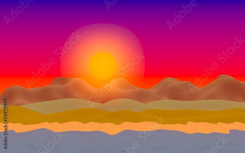 Sun Sea Beach. Sunrise. Ocean shore line with waves on a beach. Island beach paradise with waves. Vacation  summer  relaxation. Seascape  seashore. Minimalist landscape  primitivism. 3D illustration