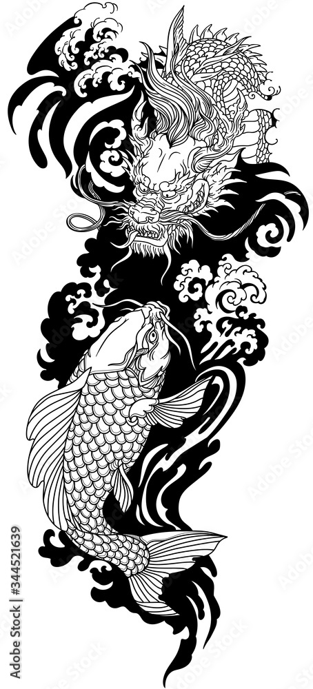 Chinese or East Asian dragon with water waves and Japanese koi carp fish swimming up. Tattoo. Vector illustration Chinese or East Asian dragon with water waves and Japanese koi carp fish swimming up. Tattoo. Vector illustration