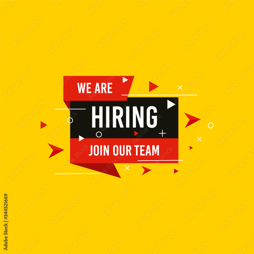 We are Hiring, Join now design for banner poster. Lettering with geometric shapes lines. Job Vacancy Advertisement Concept on yellow background. Open vacancy design template with modern concept.