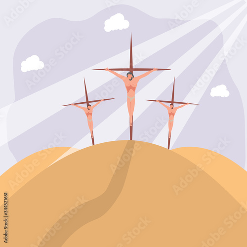 Crucifixion of Jesus Christ. Atonement for the sins of men. The Word of God. Christianity. The number of believers is growing. Jesus Christ. Holy places. Bible study concept. Colorful vector