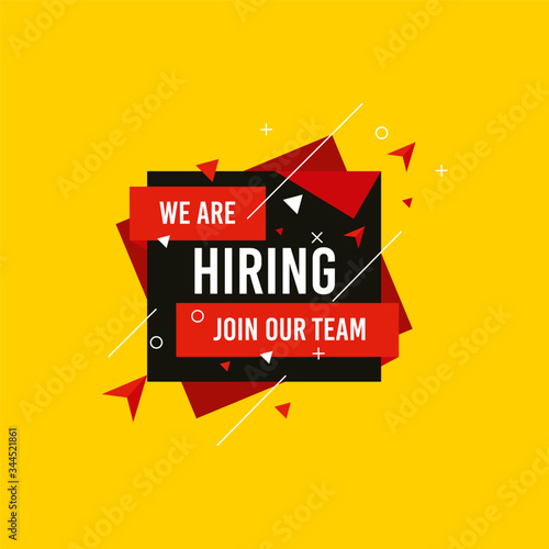 We are Hiring, Join now design for banner poster. Lettering with geometric shapes lines. Job Vacancy Advertisement Concept on yellow background. Open vacancy design template with modern concept.