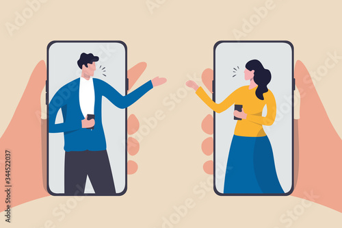 Video conference during COVID-19 Coronavirus outbreak, people using technology work at home remotely concept, man and woman teammate working remotely using smartphone or mobile phone for meeting.