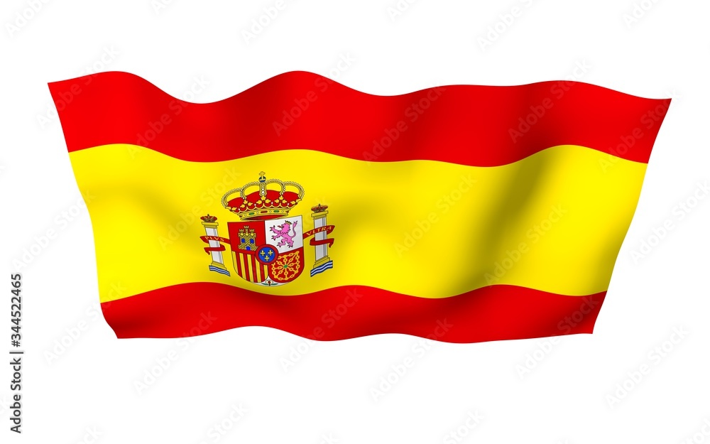 Obraz premium The flag of Spain. Official state symbol of the Kingdom of Spain. Concept: web, sports pages, language courses, travelling, design elements. 3d illustration