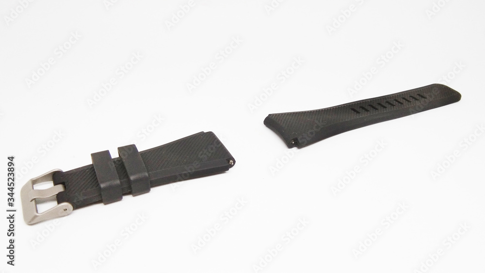 Closeup Black strap watch isolated on white background. Black rubber watch band Closeup Black strap watch isolated on white background. Black rubber watch band