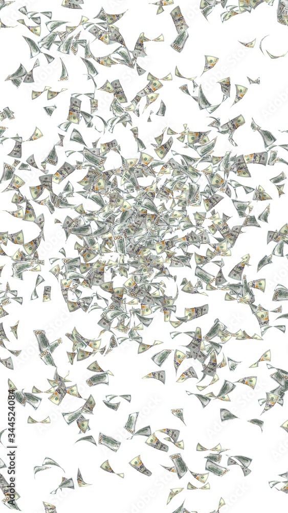 Flying dollars banknotes isolated on white background. Money is flying in the air. 100 US banknotes new sample. 3D illustration Flying dollars banknotes isolated on white background. Money is flying in the air. 100 US banknotes new sample. 3D illustration