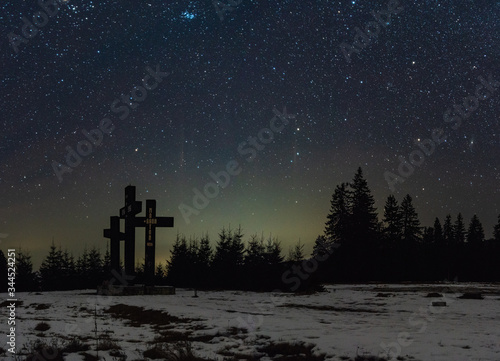 This photo is taken in the mountains near Mirecurea Ciuc, Romania. Three Holy Crosses in Harghita