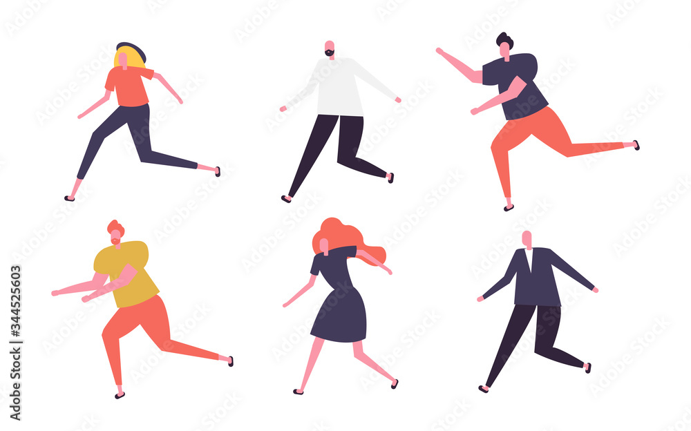 Running people. Flat man and woman, business persons run. Flat vector runner jogging characters set 