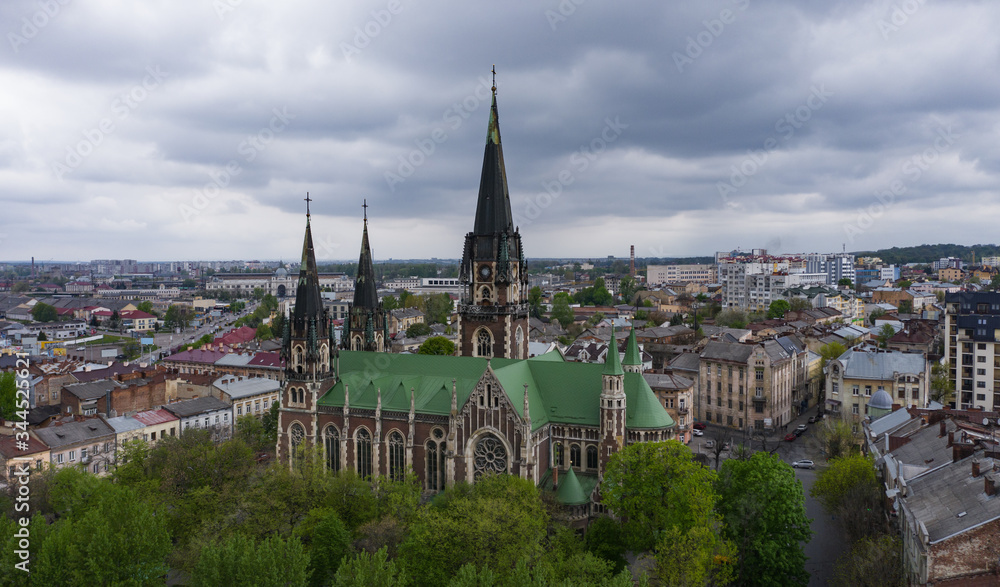 Fototapeta premium Aerial veiw on Elizabeth church in Lviv, Ukraine from drone.