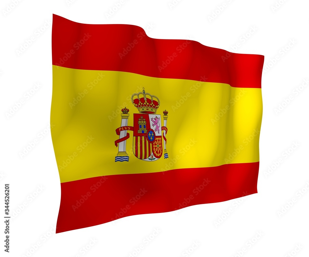 Fototapeta premium The flag of Spain. Official state symbol of the Kingdom of Spain. Concept: web, sports pages, language courses, travelling, design elements. 3d illustration