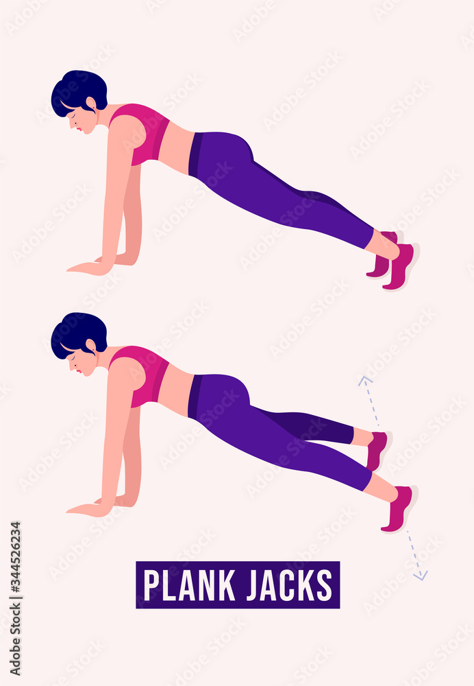 Girl doing Plank Jacks exercise, Woman workout fitness, aerobic and  exercises. Vector Illustration. Stock Vector | Adobe Stock