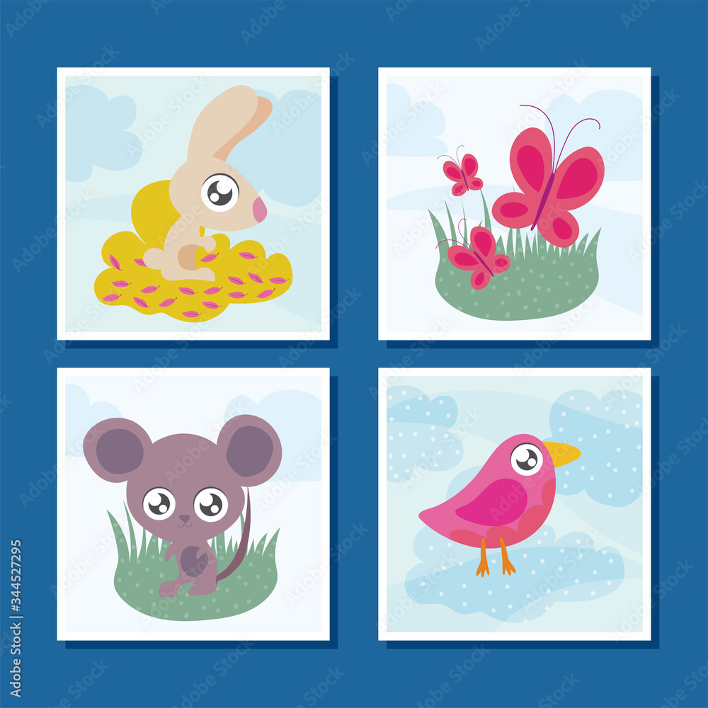 set of cards with animals in kawaii style