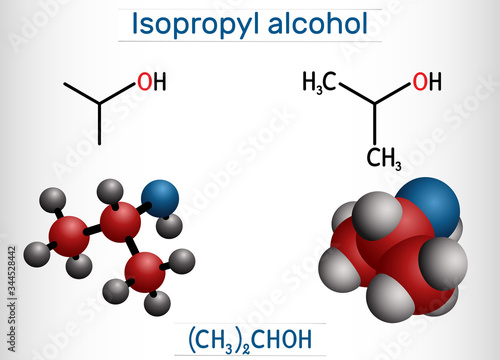 Isopropyl alcohol, 2-propanol, isopropanol, C3H8O molecule. It is isomer of propyl alcohol, used as antiseptic in disinfectants, detergents. Structural chemical formula, molecule model photo