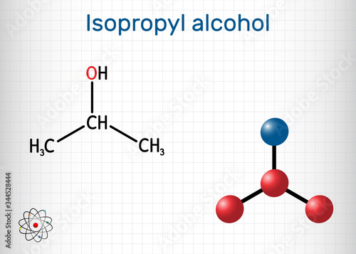 Isopropyl alcohol, 2-propanol, isopropanol, C3H8O molecule. It is isomer of propyl alcohol, used as antiseptic in disinfectants, detergents. Sheet of paper in a cage