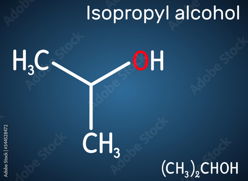 Isopropyl alcohol, 2-propanol, isopropanol, C3H8O molecule. It is isomer of propyl alcohol, used as antiseptic in disinfectants, detergents. Structural chemical formula on the dark blue background
