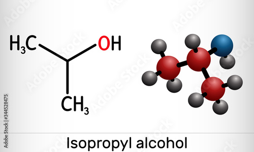 Isopropyl alcohol, 2-propanol, isopropanol, C3H8O molecule. It is isomer of propyl alcohol, used as antiseptic in disinfectants, detergents. Structural chemical formula, molecule model