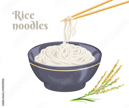 Rice noodles cooked in a dark ceramic bowl, chopsticks and an ear of rice isolated on white background. Vector illustration of asian food in cartoon flat style.