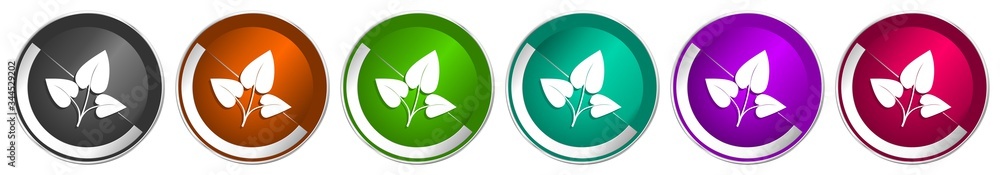 Leaf icon set, silver metallic chrome border vector web buttons in 6 colors options for webdesign Leaf icon set, silver metallic chrome border vector web buttons in 6 colors options for webdesign