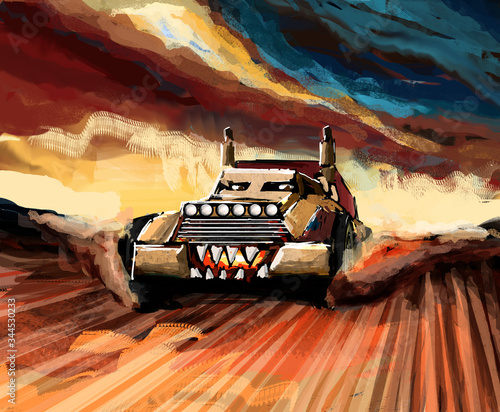 Tela Illustration of a angry buggy in the setting of post apocalypse in the desert