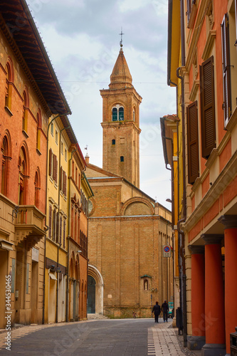 Medieval street with church in the old town of Cesena