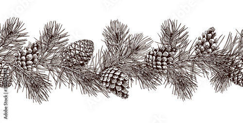 Seamless horizontal border with pine branches and cones.