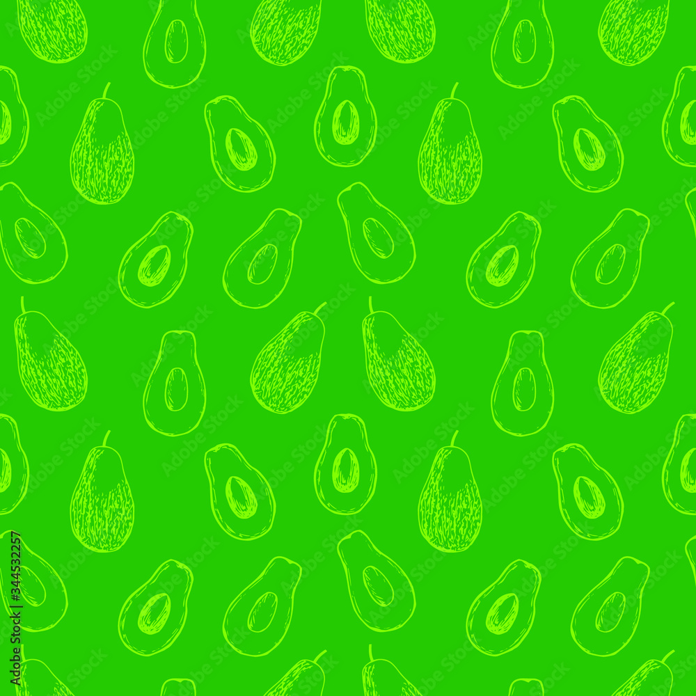 Seamless pattern avocado whole and cut, vector illustration, hand drawing, green color Seamless pattern avocado whole and cut, vector illustration, hand drawing, green color