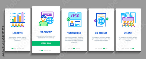 Immigration Refugee Onboarding Mobile App Page Screen Vector. Immigration Person With Baggage, Passport And Visa, Cruise Liner Voyage And Airplane Color Illustrations