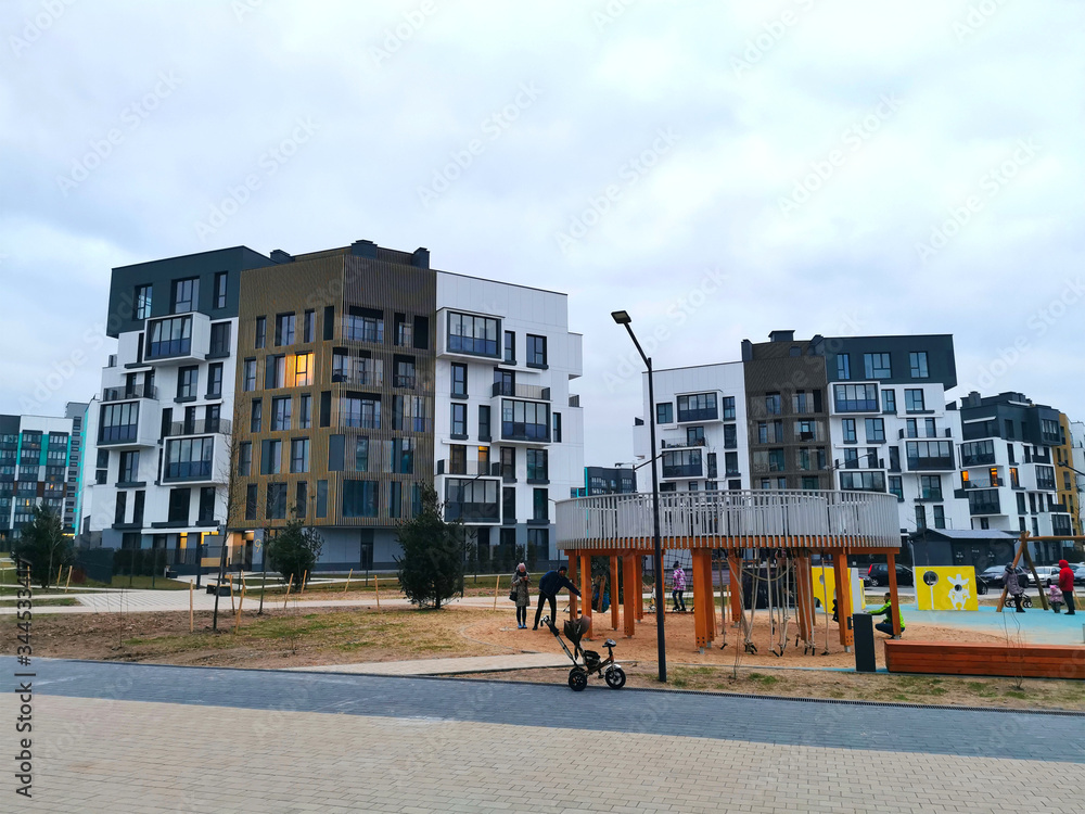 Naklejka premium MINSK, BELARUS - 8 March 2020: New Borovaya residential complex near Minsk. Belarus.