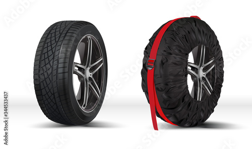 Tires for sale at a tire store. Storage of seasonal or spare wheels at home. Wheel Bag. Wheel tote. Carrying bags. Wheel storage protection. Spare car tyre black cover. Automobile tyre package.