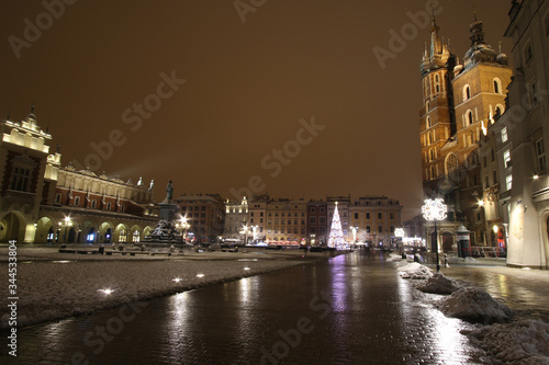 Main Square of Cracow by night  winter time  Poland
