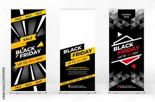 Black Friday advertising set of roll-up banners, creative geometric background for text and photos, web banner, stand for festive events on the theme of black Friday