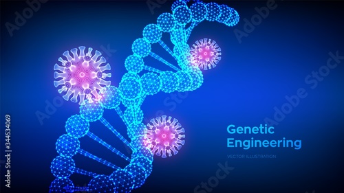 DNA sequence and COVID-19 infection virus cells. Coronavirus 2019-nCov. Abstract novel coronavirus bacteria. DNA molecules structure mesh. Pandemic risk medical background. Vector illustration.