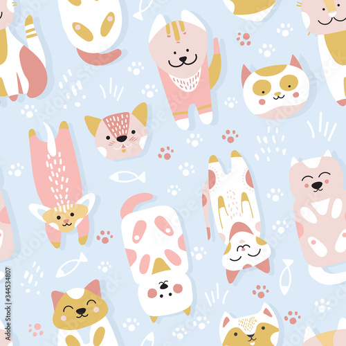 Cats - kitty - seamless, surface pattern with cute cartoons on blue background.
