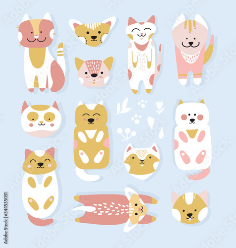 Cats cartoons - cute little kittens in pink and yellow shades on blue background
