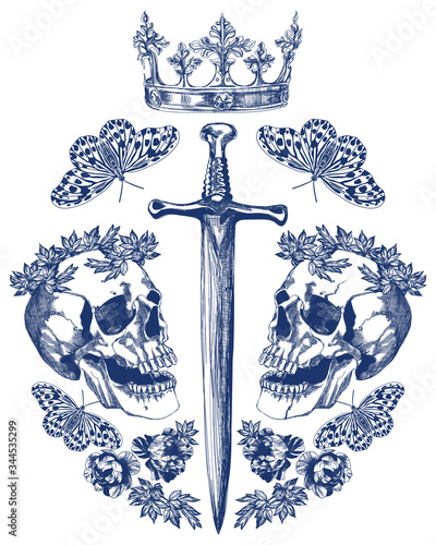 Blue skulls and sword with butterfly and crown vintage style illustration