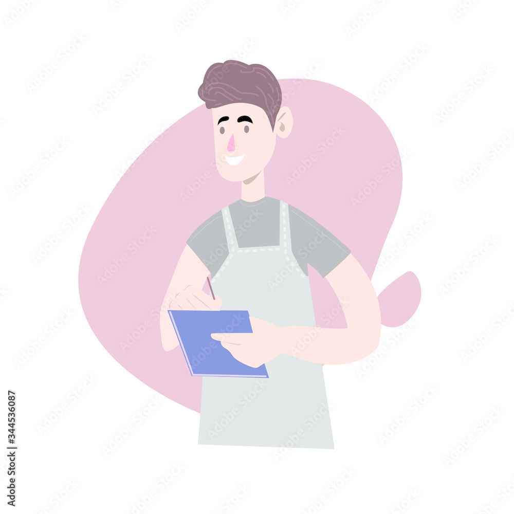 Waiter wearing the uniform. Cartoon character. Fun flat cartoon server person. Isolated on white background.Vector illustration