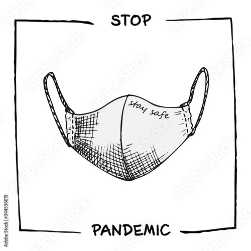 Ink sketch medical hand made mask icon. Design concept of Medicine information agitational poster against coronavirus epidemic with text Stop pandemic. Vintage engraving style illustration
