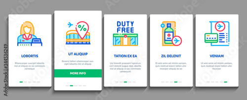 Duty Free Shop Store Onboarding Mobile App Page Screen Vector. Duty Free Nameplate And Product, Bag And Label, Perfume And T-shirt, Credit Card And Cart Color Illustrations