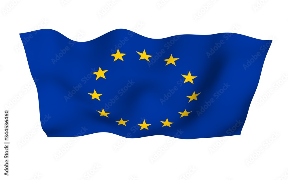Slightly waving flag of the European Union isolated on white background, 3D rendering. Symbol of Europe. 3D illustration Slightly waving flag of the European Union isolated on white background, 3D rendering. Symbol of Europe. 3D illustration