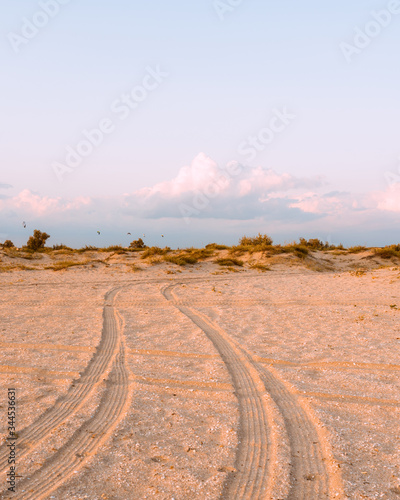 car footprints in the sand on the beach at sunset