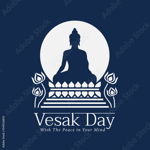 Vesak day banner with buddha sit lotus and circle full moon on blue background vector design
