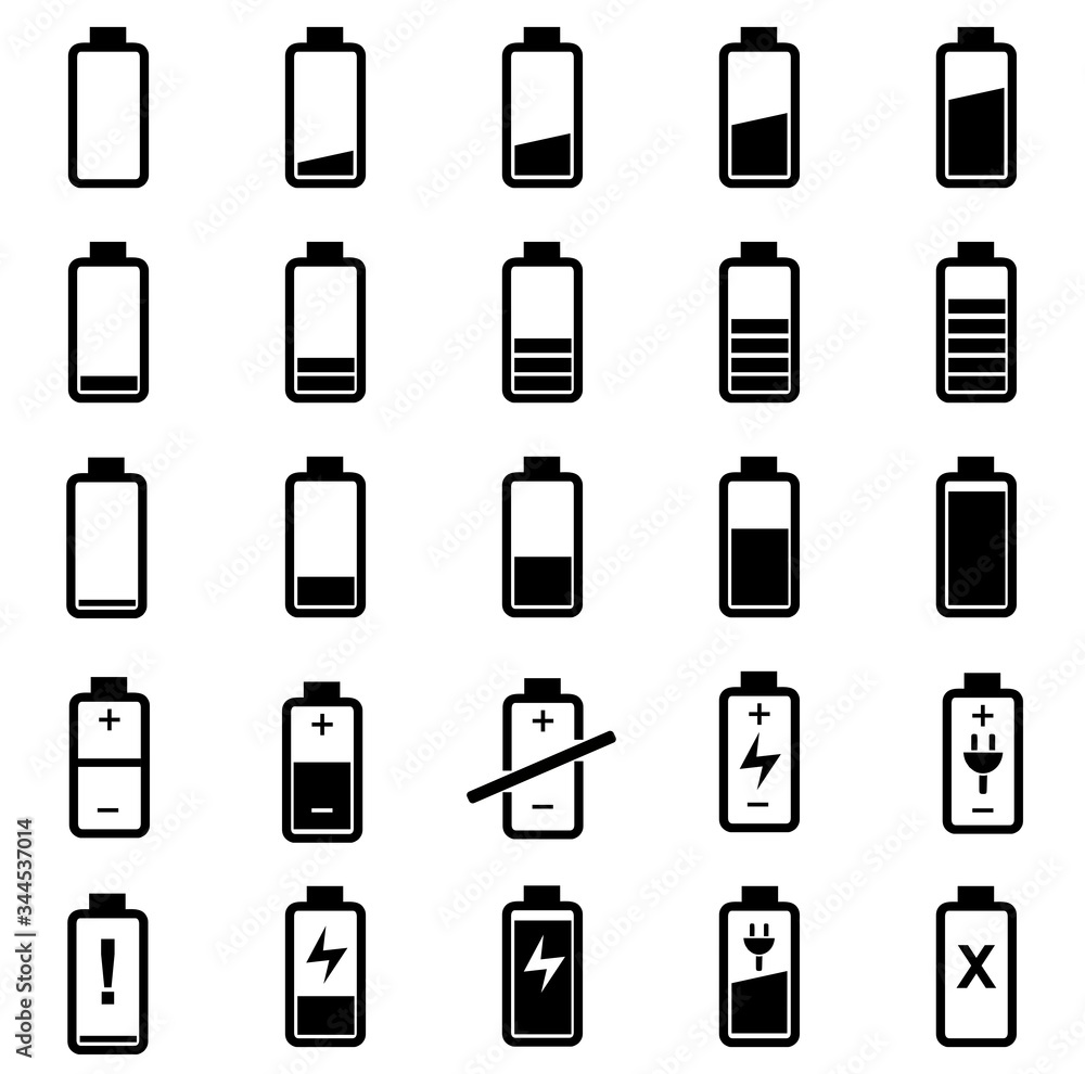 Battery symbol collection vector, set of battery icon design in white background Battery symbol collection vector, set of battery icon design in white background