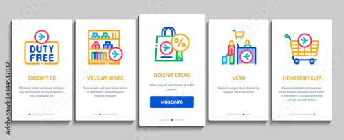 Duty Free Shop Store Onboarding Mobile App Page Screen Vector. Duty Free Nameplate And Product, Bag And Label, Perfume And T-shirt, Credit Card And Cart Color Illustrations