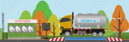 Chemical trucks on the weighing scales on the company side. Access control kiosk with weight display panel and CCTV.