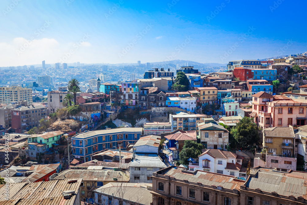 Panoramic View to the Mountain Hills with the Colorful and Bright Buildings with Painting, Valparaiso, Chile Panoramic View to the Mountain Hills with the Colorful and Bright Buildings with Painting, Valparaiso, Chile